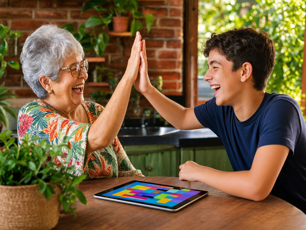 Avó e neto comemorando juntos diante de um tablet