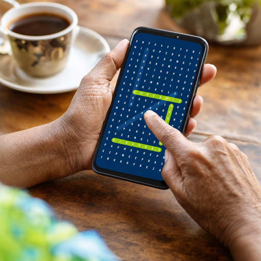Mãos de uma pessoa idosa resolvendo um caça-palavras no celular