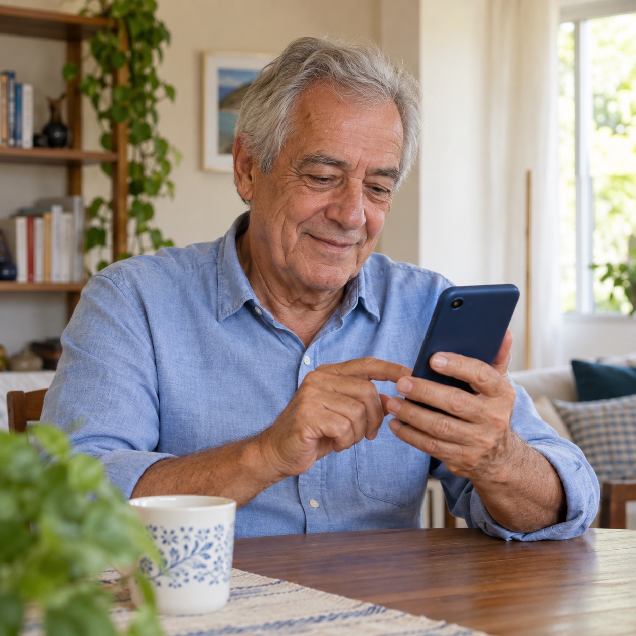 Senhor concentrado usando o celular em casa, com a tela voltada para ele